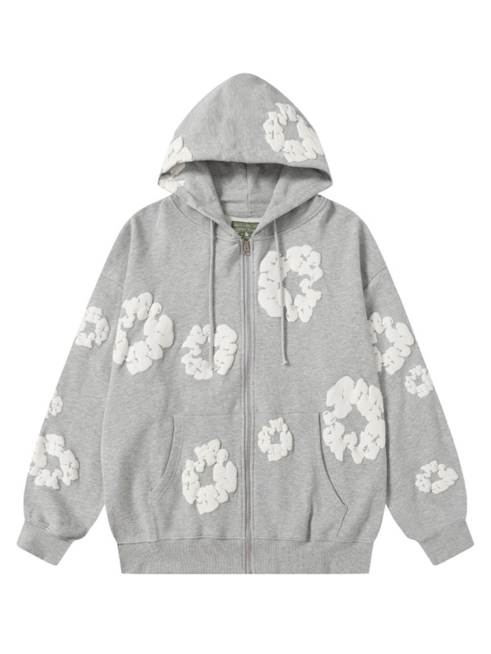 Men's Grey Zip-Up Hoodie Jacket with White Floral Accents